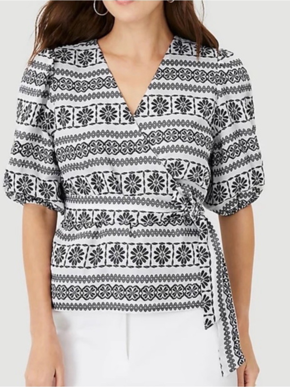 Ann Taylor Embroidered Puff Sleeve Side Tie Top (Petite)